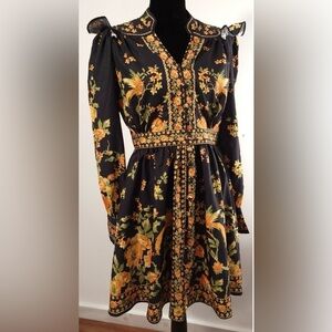 Vintage Beauty Long Cuffed Sleeve Ruffle Shoulder  Golden Floral Mini Dress XL